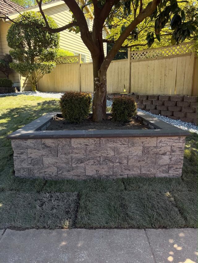 Square block retaining wall tree ring built around a mature tree