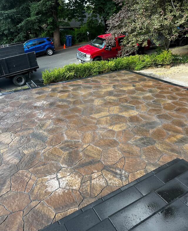 Hexagon flagstone patio in rustic brown tones